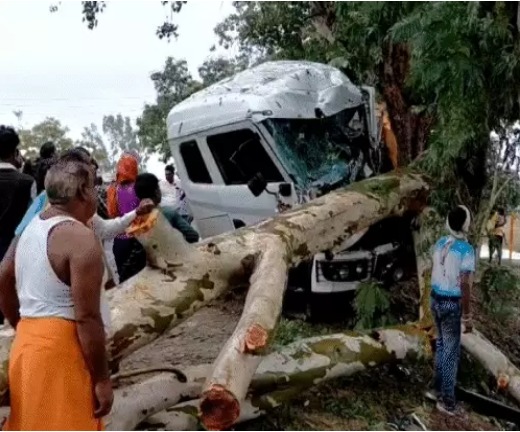 गिट्टी लदे ट्रक की टक्कर से टूटकर गिरा पेड़ 1 गिट्टी लदे ट्रक की टक्कर से टूटकर गिरा पेड़ 1