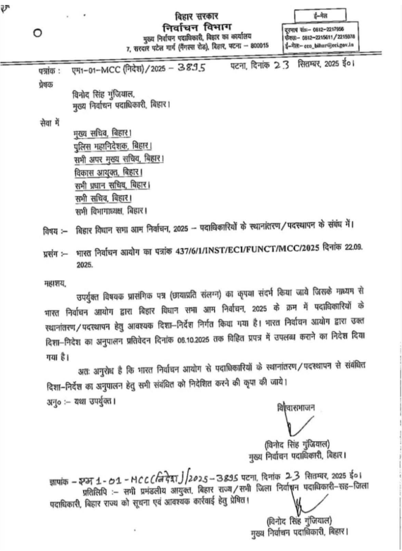 🔹 बिहार चुनाव 2025: 6 अक्टूबर के बाद हो सकती है विधानसभा चुनाव की घोषणा, राजनीतिक दलों में हलचल 2