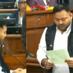 तेजस्वी यादव शपथ ग्रहण करते हुए और डिप्टी सीएम सम्राट चौधरी से अभिवादन