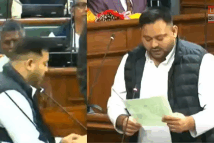 तेजस्वी यादव शपथ ग्रहण करते हुए और डिप्टी सीएम सम्राट चौधरी से अभिवादन