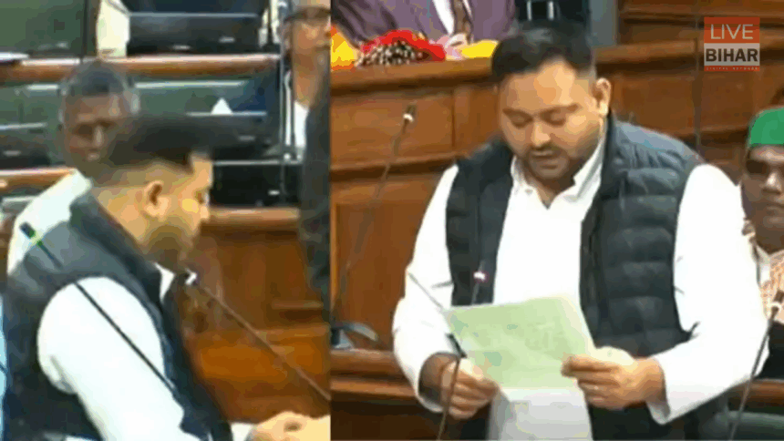 तेजस्वी यादव शपथ ग्रहण करते हुए और डिप्टी सीएम सम्राट चौधरी से अभिवादन