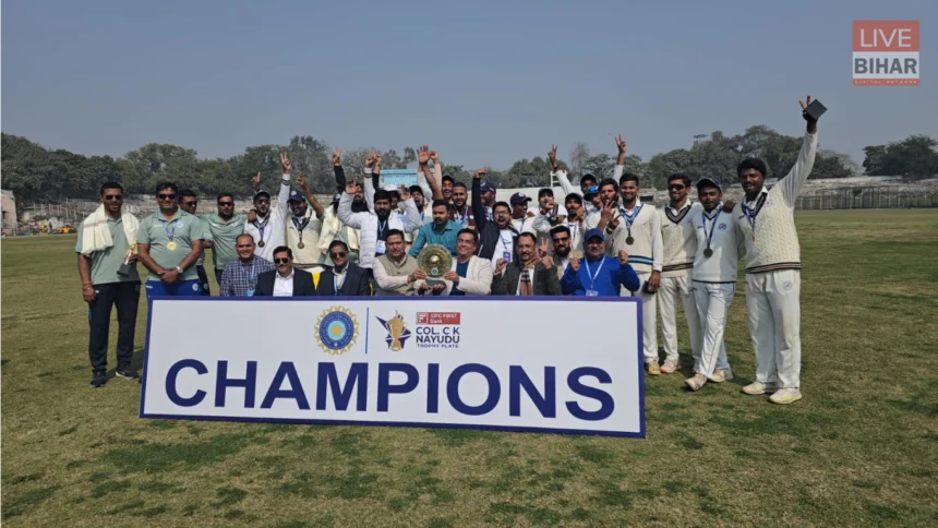 Bihar U23 team winning Colonel CK Nayudu Plate Group Final trophy